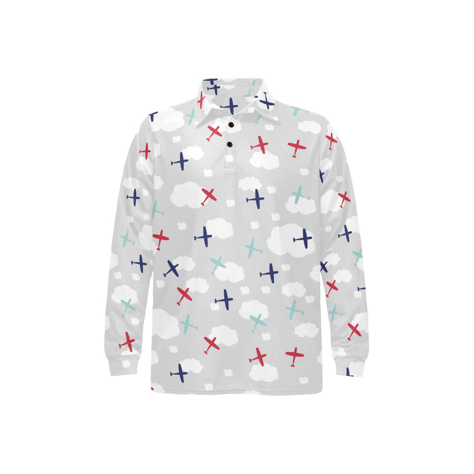 Airplane cloud grey background Men's Long Sleeve Polo Shirt