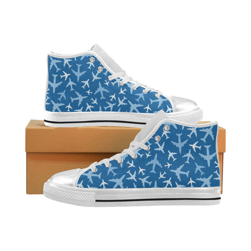 Airplane pattern in the sky Women's High Top Canvas Shoes White