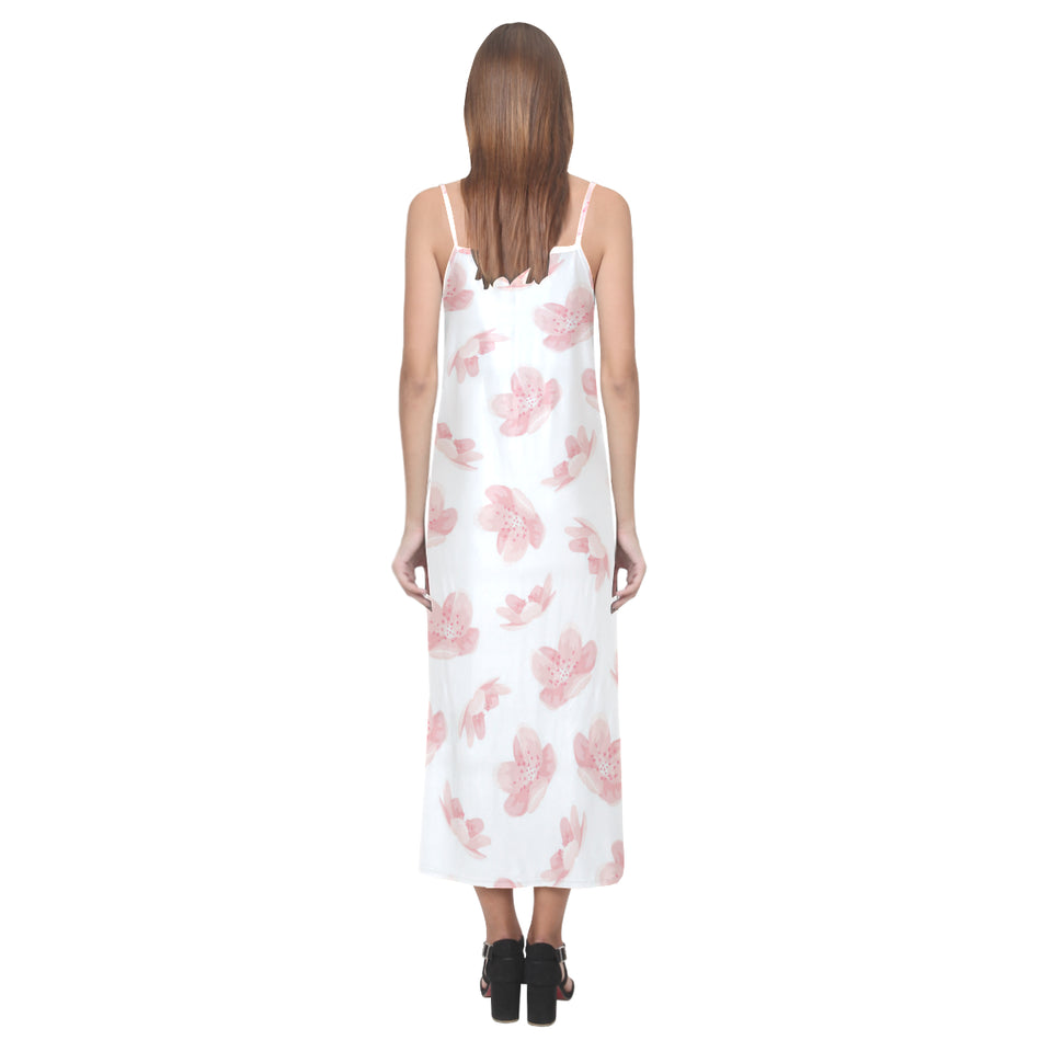 Pink sakura cherry blossom pattern V-Neck Open Fork Long Dress