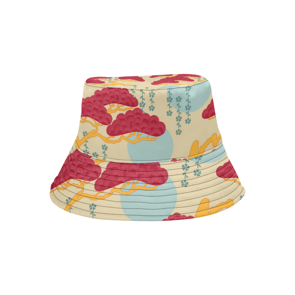 Red Bonsai gray sun japanese pattern Unisex Bucket Hat