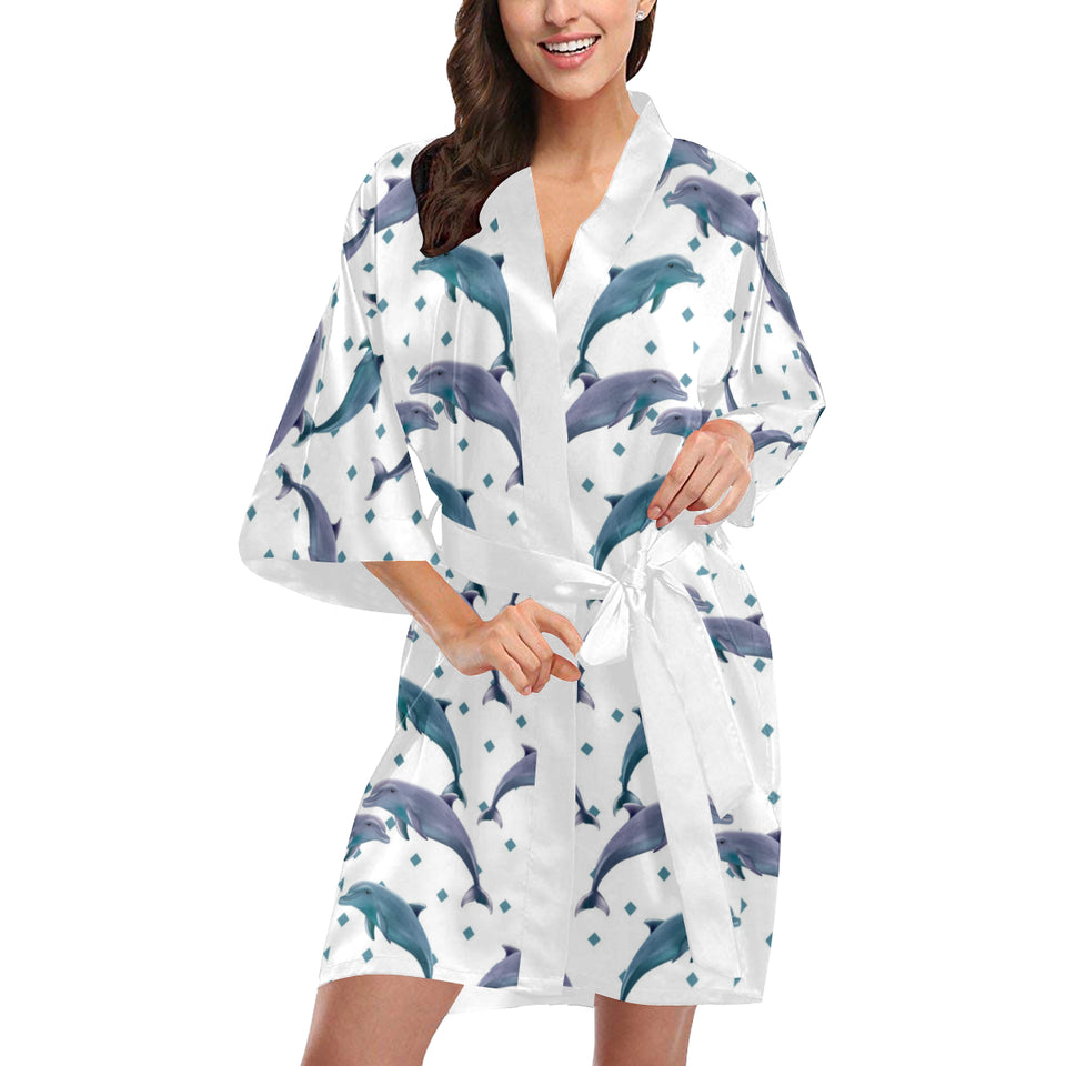 Dolphins pattern dotted background Women's Short Kimono Robe