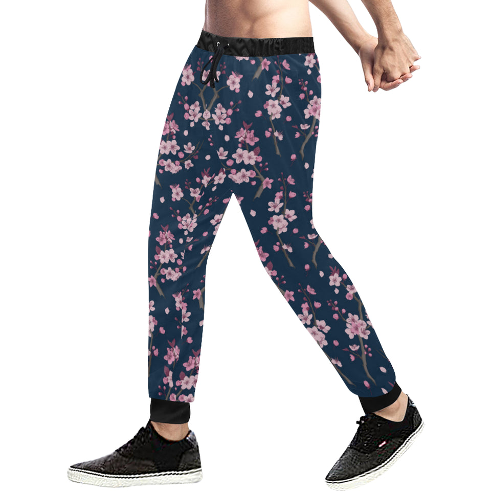 Pink sakura cherry blossom blue background Unisex Casual Sweatpants