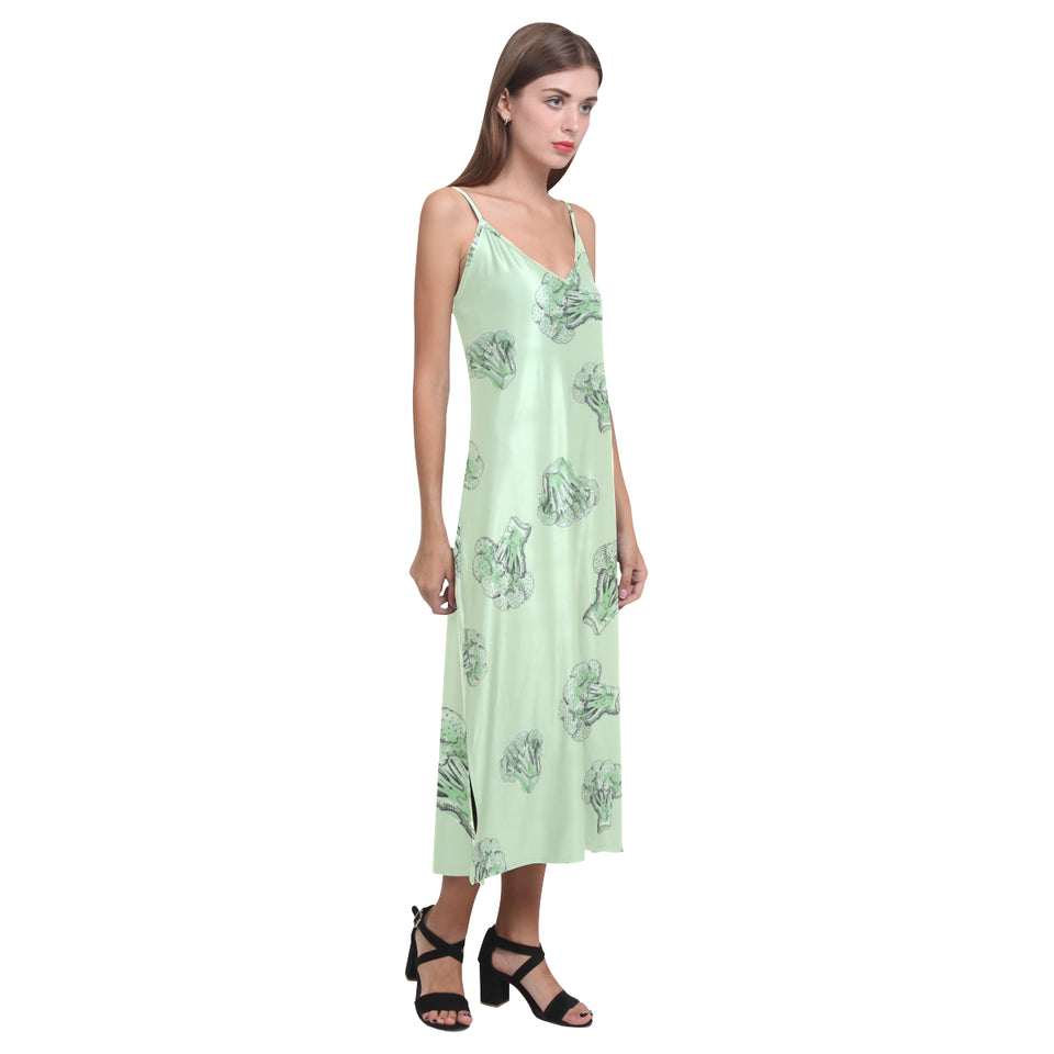 broccoli sketch pattern V-Neck Open Fork Long Dress