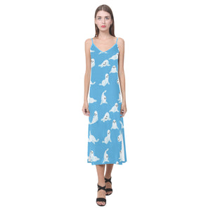 Cute sea lion seal pattern background V-Neck Open Fork Long Dress