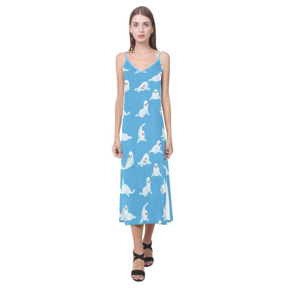 Cute sea lion seal pattern background V-Neck Open Fork Long Dress