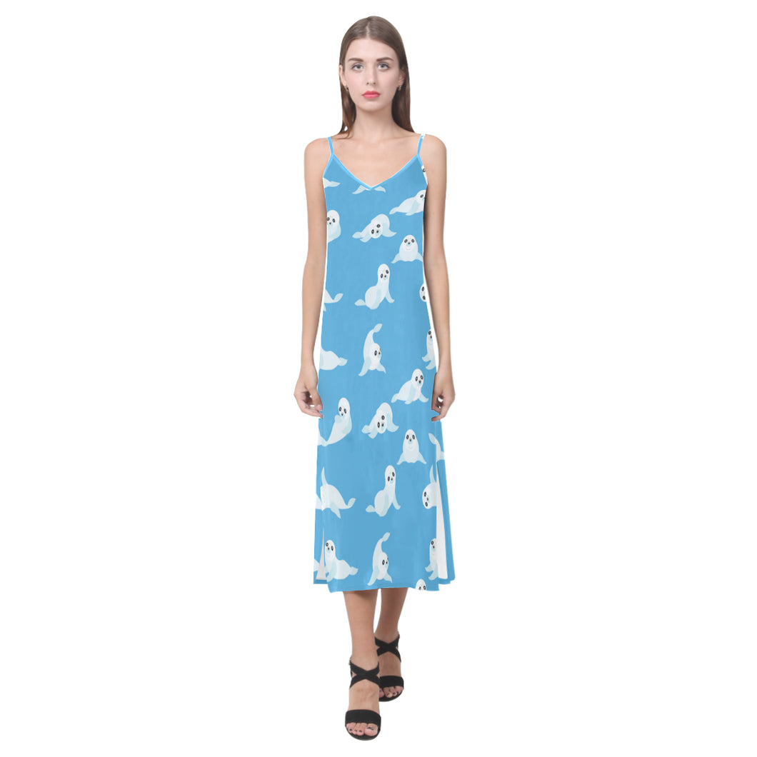 Cute sea lion seal pattern background V-Neck Open Fork Long Dress