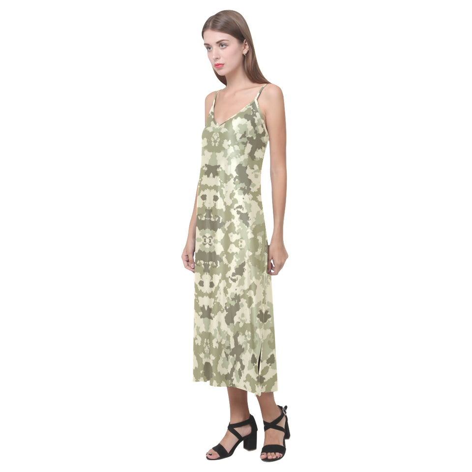 Light Green camouflage pattern V-Neck Open Fork Long Dress