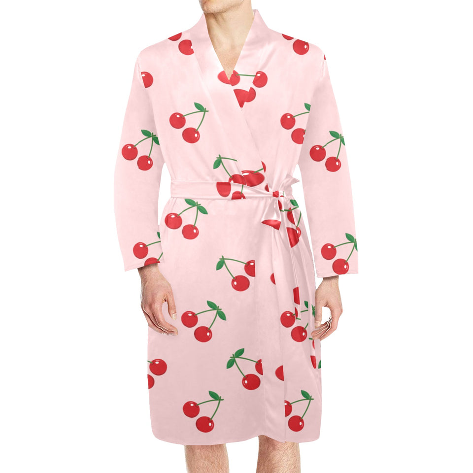 cherry pattern pink background Men's Long Sleeve Belted Night Robe