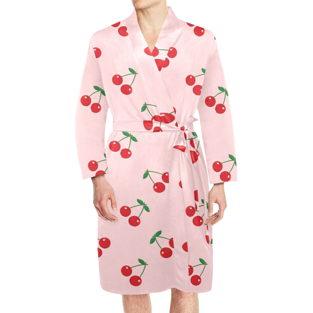 cherry pattern pink background Men's Long Sleeve Belted Night Robe