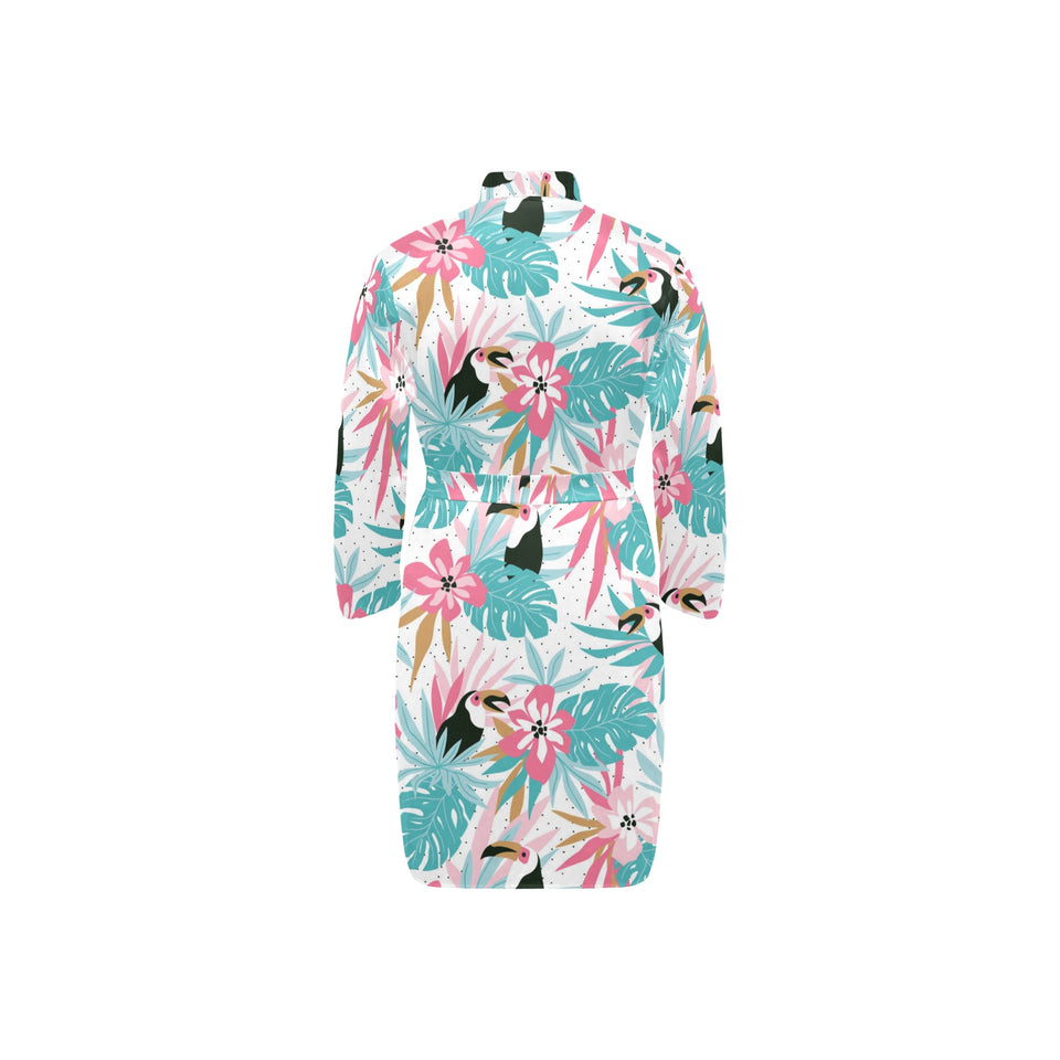 Toucan tropical flower leave pattern Men's Long Sleeve Belted Night Robe