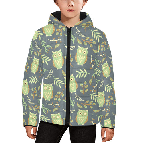 Cute owls leaves pattern Kids' Boys' Girls' Padded Hooded Jacket