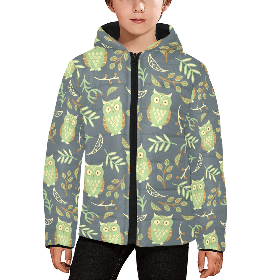 Cute owls leaves pattern Kids' Boys' Girls' Padded Hooded Jacket