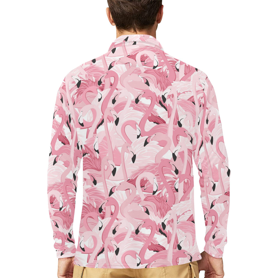 Pink flamingos pattern background Men's Long Sleeve Polo Shirt
