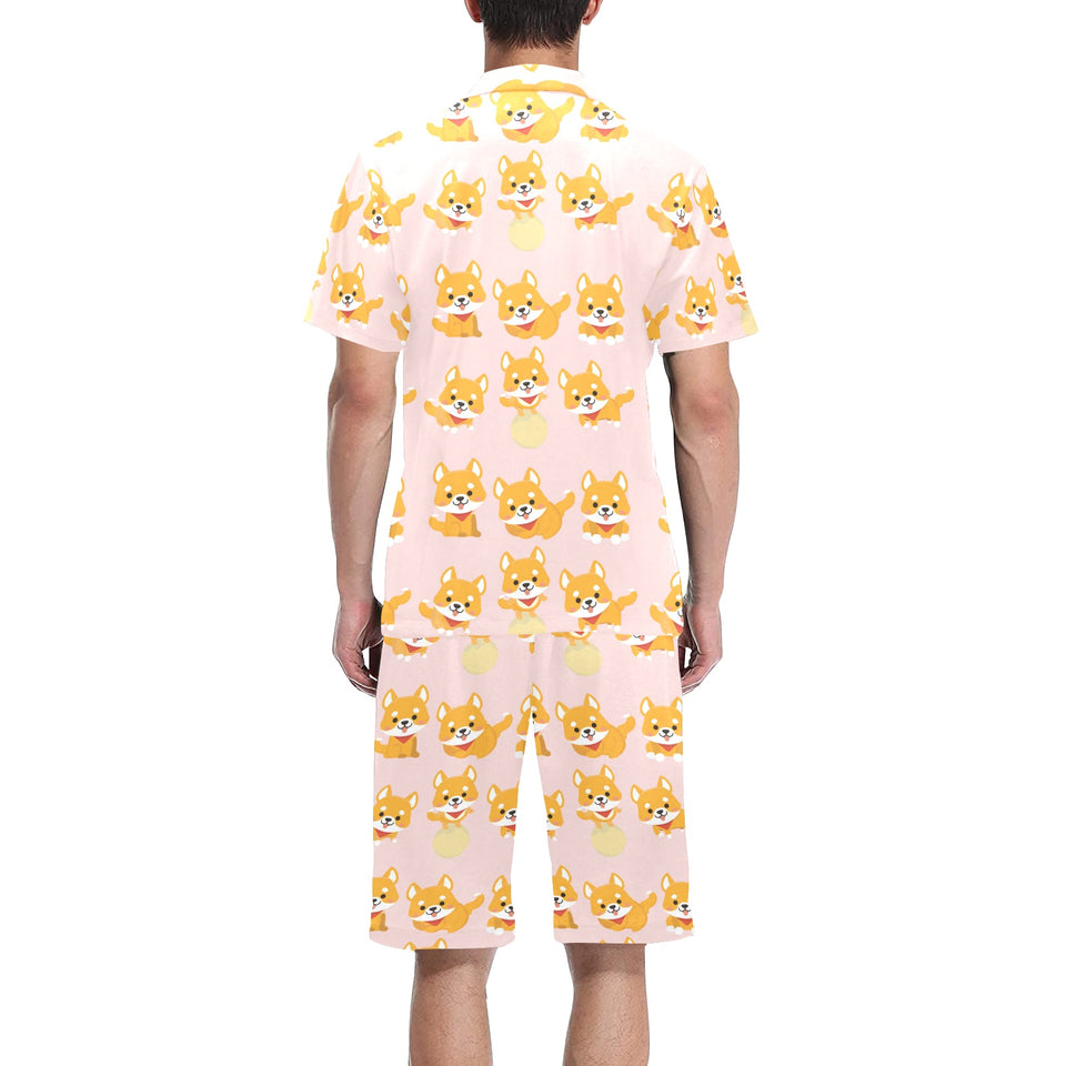 Cute shiba inu dog pattern Men's V-Neck Short Pajama Set