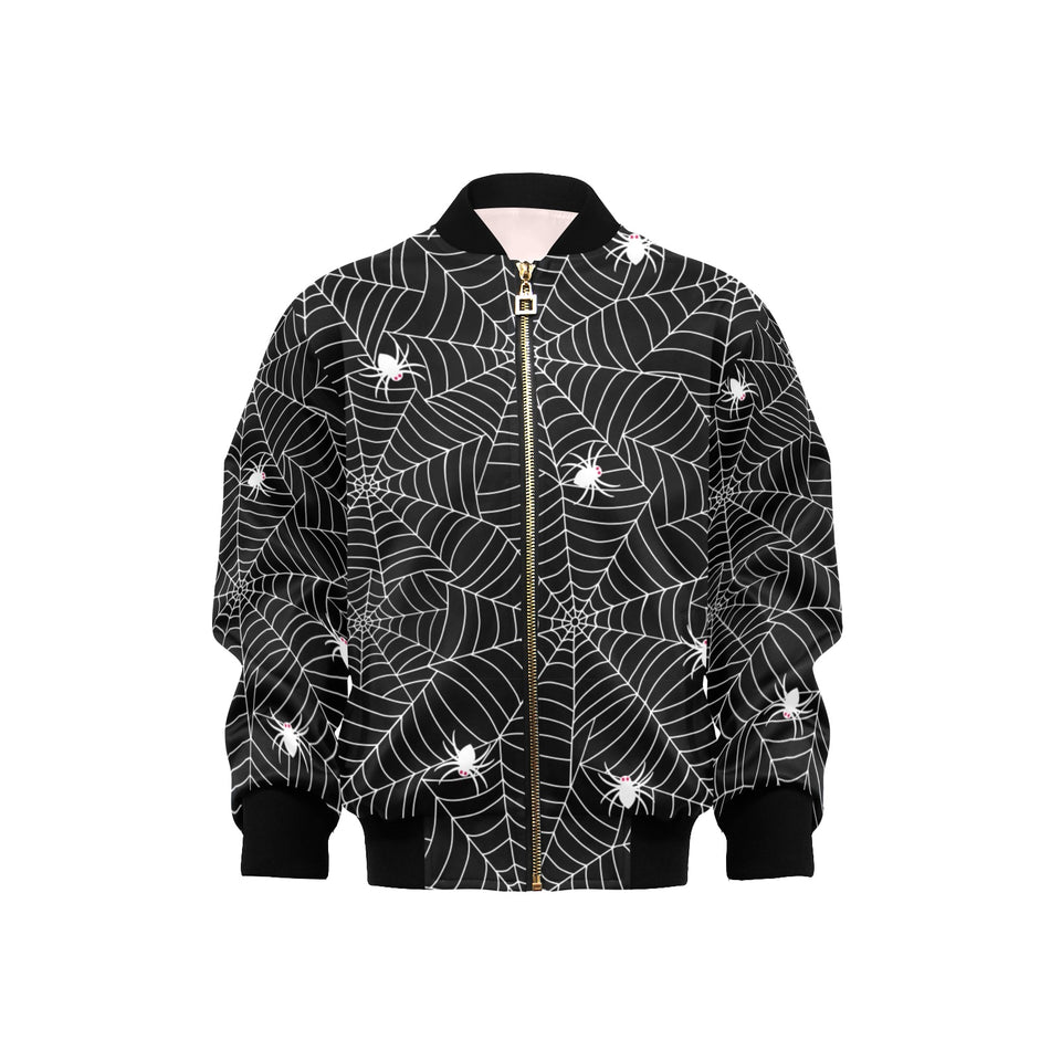 Spider web design pattern Black background white c Kids' Boys' Girls' Bomber Jacket