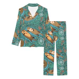 cute brown sea otters ornamental seaweed corals gr Women's Long Pajama Set