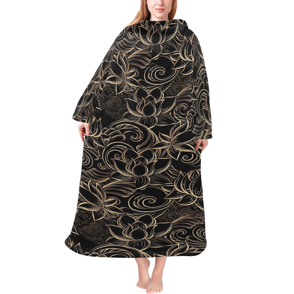 luxurious gold lotus waterlily black background Blanket Robe with Sleeves