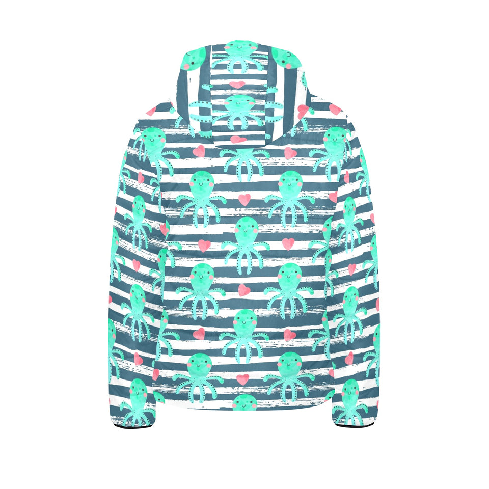 Cute octopuses heart striped background Kids' Boys' Girls' Padded Hooded Jacket