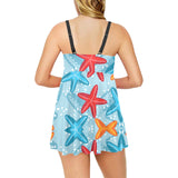 Blue red orange starfish pattern Chest Sexy Pleated Two Piece Swim Dress