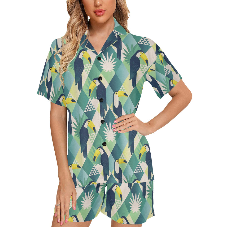 Toucan tropical leaves design pattern Women's V-Neck Short Pajama Set