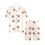 Cute bee flower pattern pink background Men's V-Neck Short Pajama Set