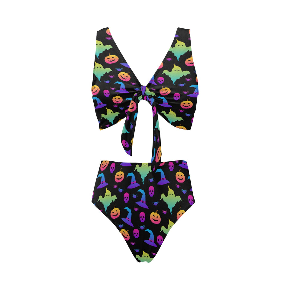 Colorful halloween background Chest Bowknot High Waisted Bikini Swimsuit