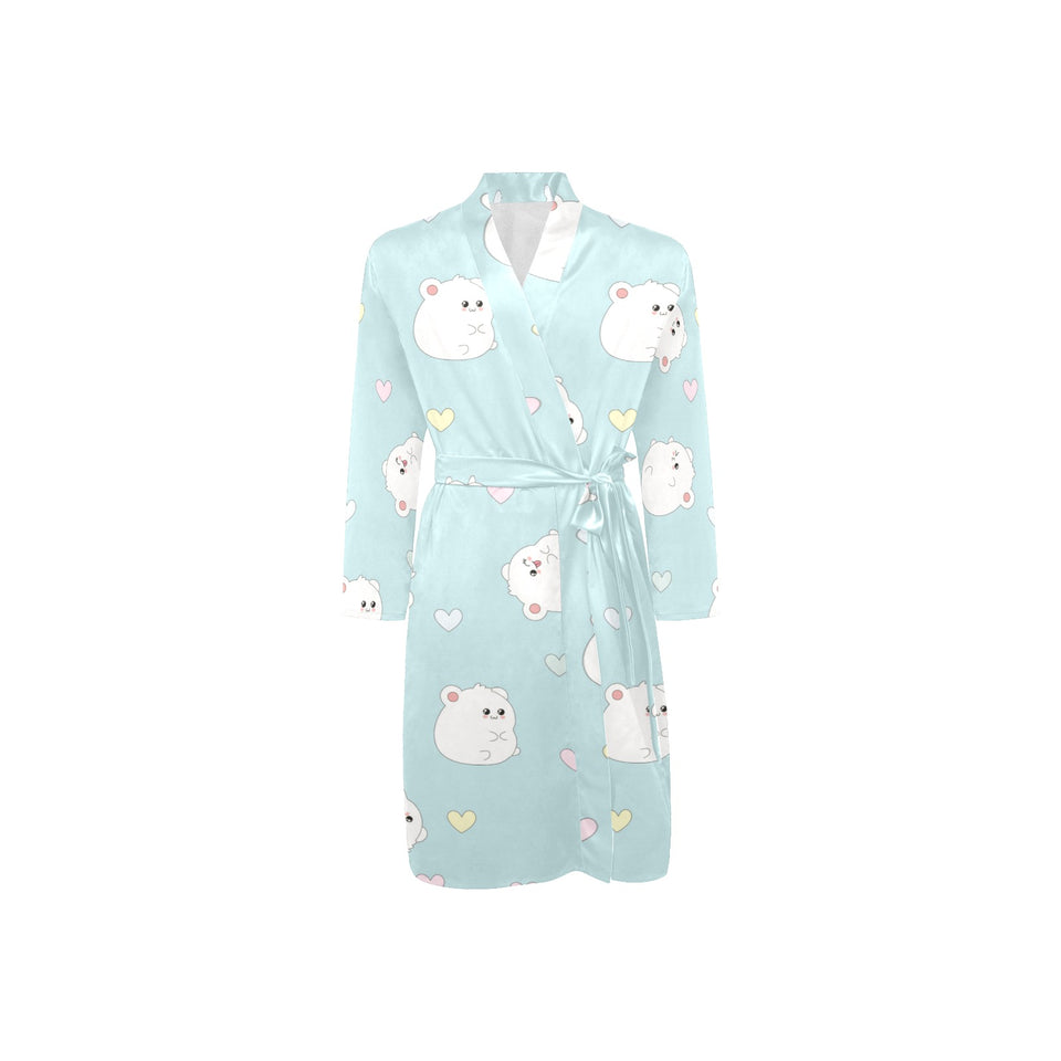 White cute hamsters heart pattern Men's Long Sleeve Belted Night Robe