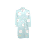 White cute hamsters heart pattern Men's Long Sleeve Belted Night Robe