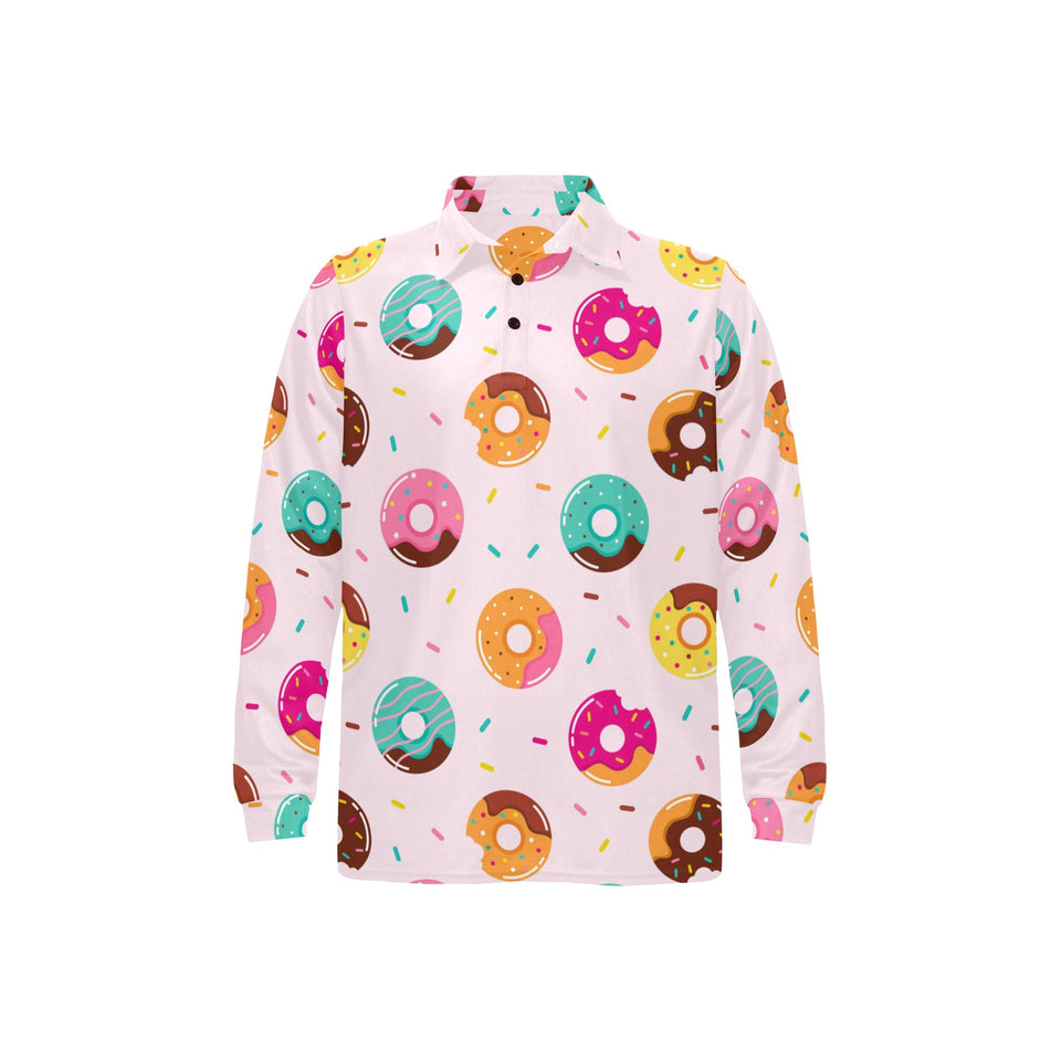 Donut pattern glaze pink background Men's Long Sleeve Polo Shirt