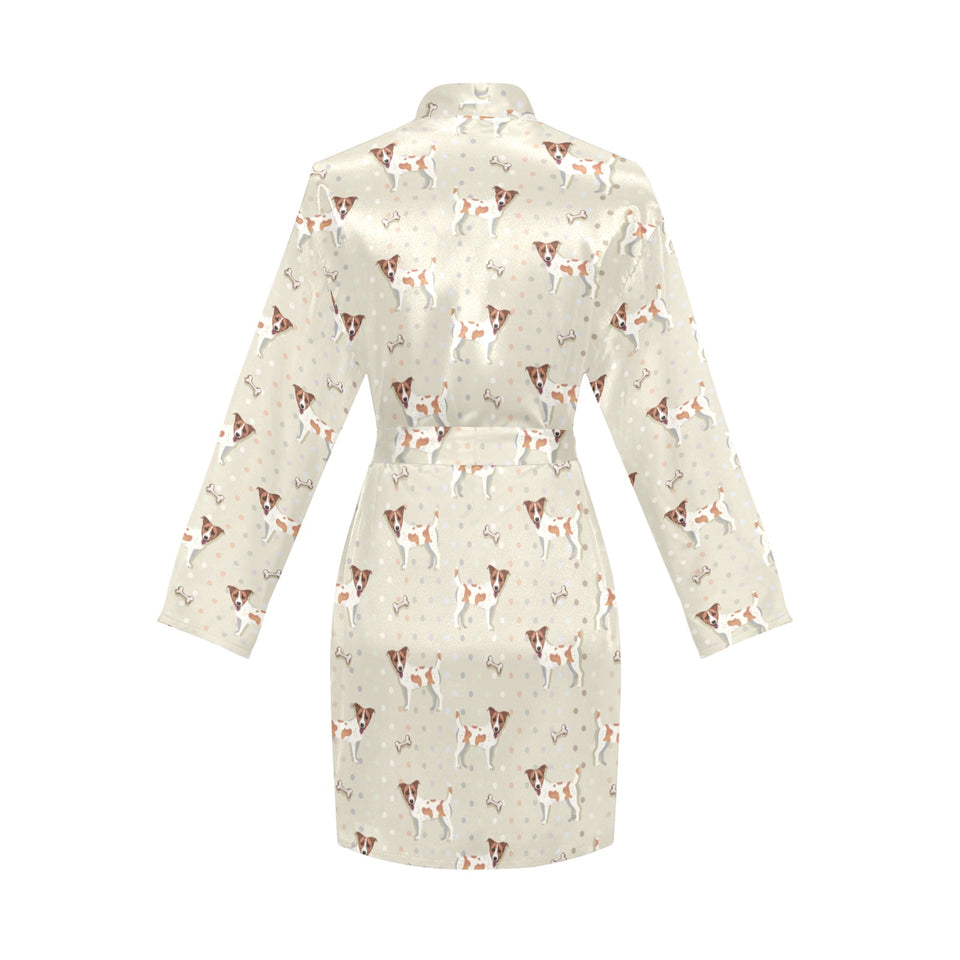 Jack Russel Pattern Print Design 02 Women's Long Sleeve Belted Night Robe