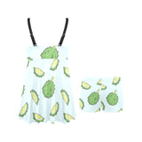 Durian pattern blue background Chest Sexy Pleated Two Piece Swim Dress