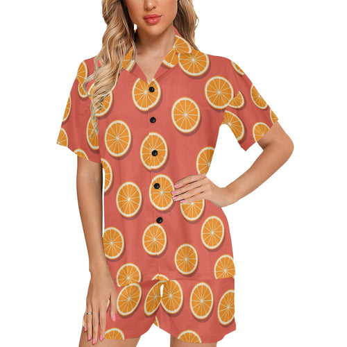 Oranges pattern red background Women's V-Neck Short Pajama Set