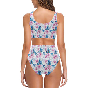 Hummingbird Pattern Print Design 02 Chest Bowknot High Waisted Bikini Swimsuit