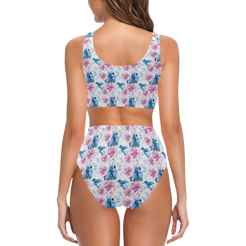 Hummingbird Pattern Print Design 02 Chest Bowknot High Waisted Bikini Swimsuit