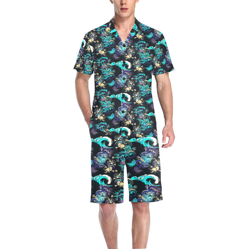Dragon sea wave pattern Men's V-Neck Short Pajama Set