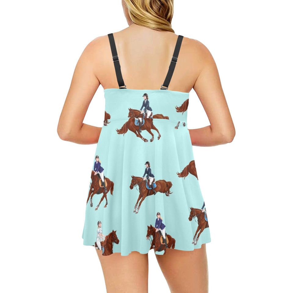 Horses running horses rider pattern Chest Sexy Pleated Two Piece Swim Dress