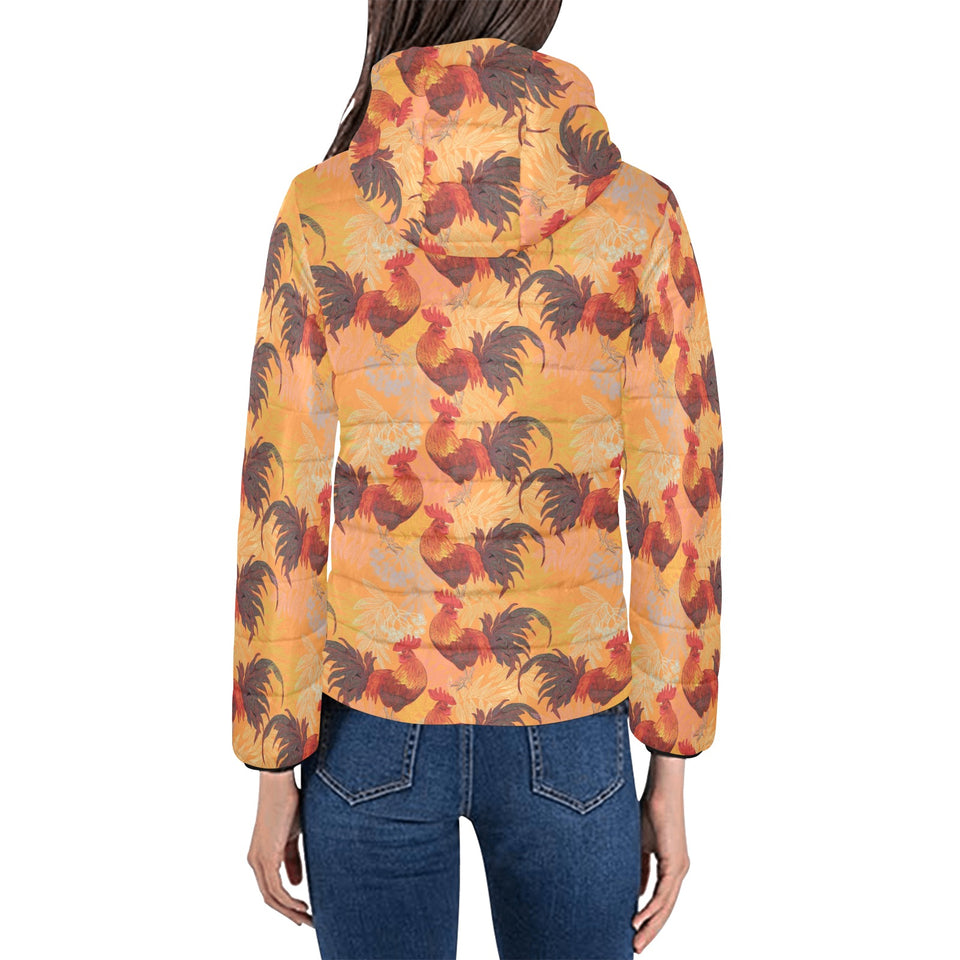 red rooster chicken cock pattern Women's Padded Hooded Jacket