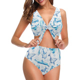 Watercolor dolphin pattern Chest Bowknot High Waisted Bikini Swimsuit