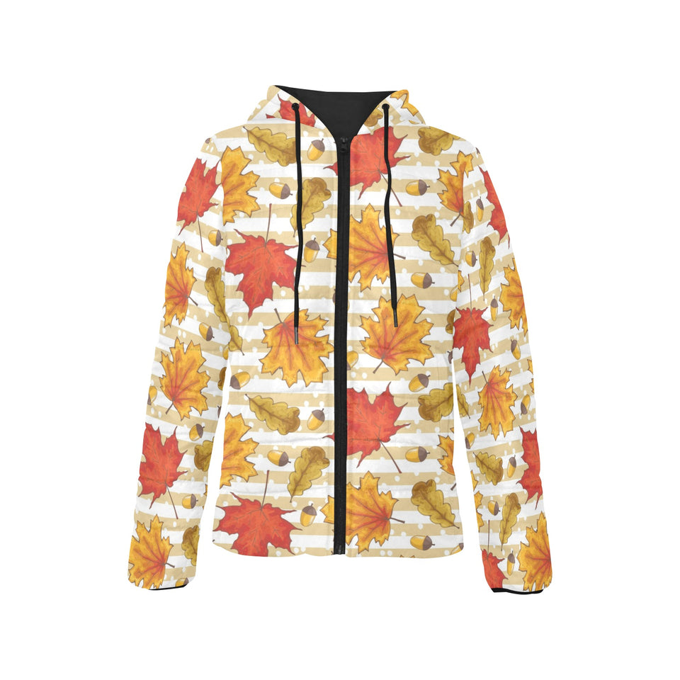 Maple leaf oak leaf acorns beige striped backgroun Women's Padded Hooded Jacket