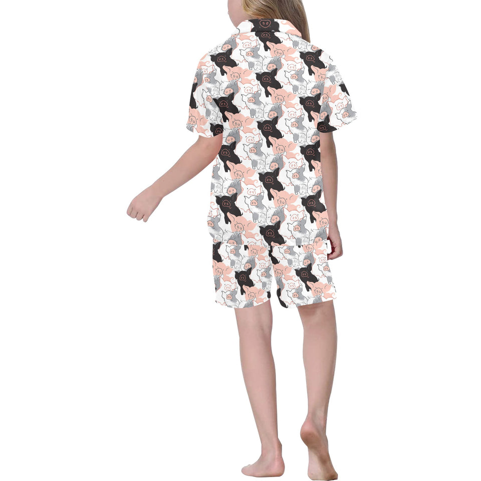 Pig Pattern Print Design 05 Kids' Boys' Girls' V-Neck Short Pajama Set