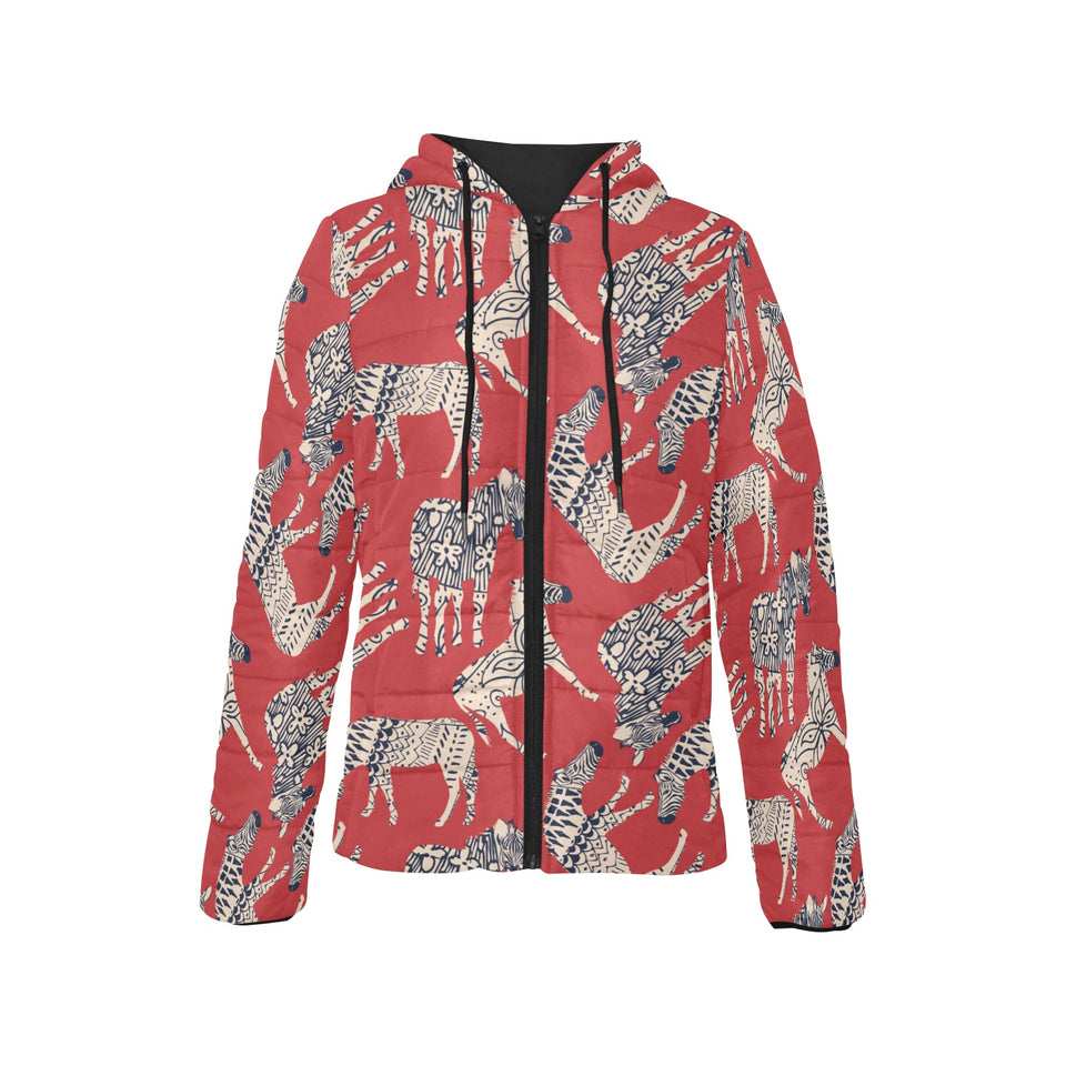 Zebra abstract red background Women's Padded Hooded Jacket