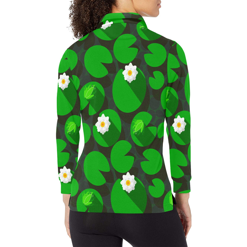 Frog waterlily pattern Women's Long Sleeve Polo Shirt