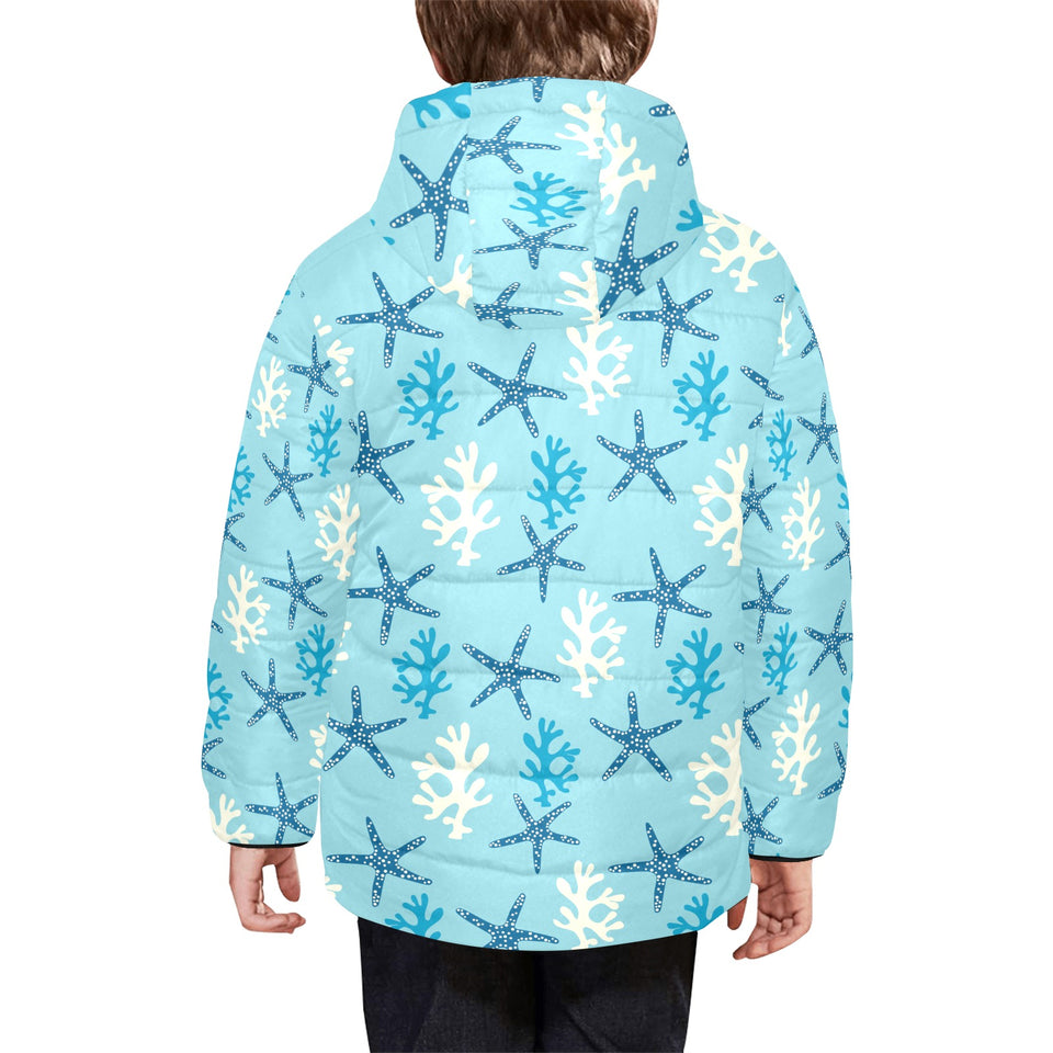 Blue starfish coral reef pattern Kids' Boys' Girls' Padded Hooded Jacket
