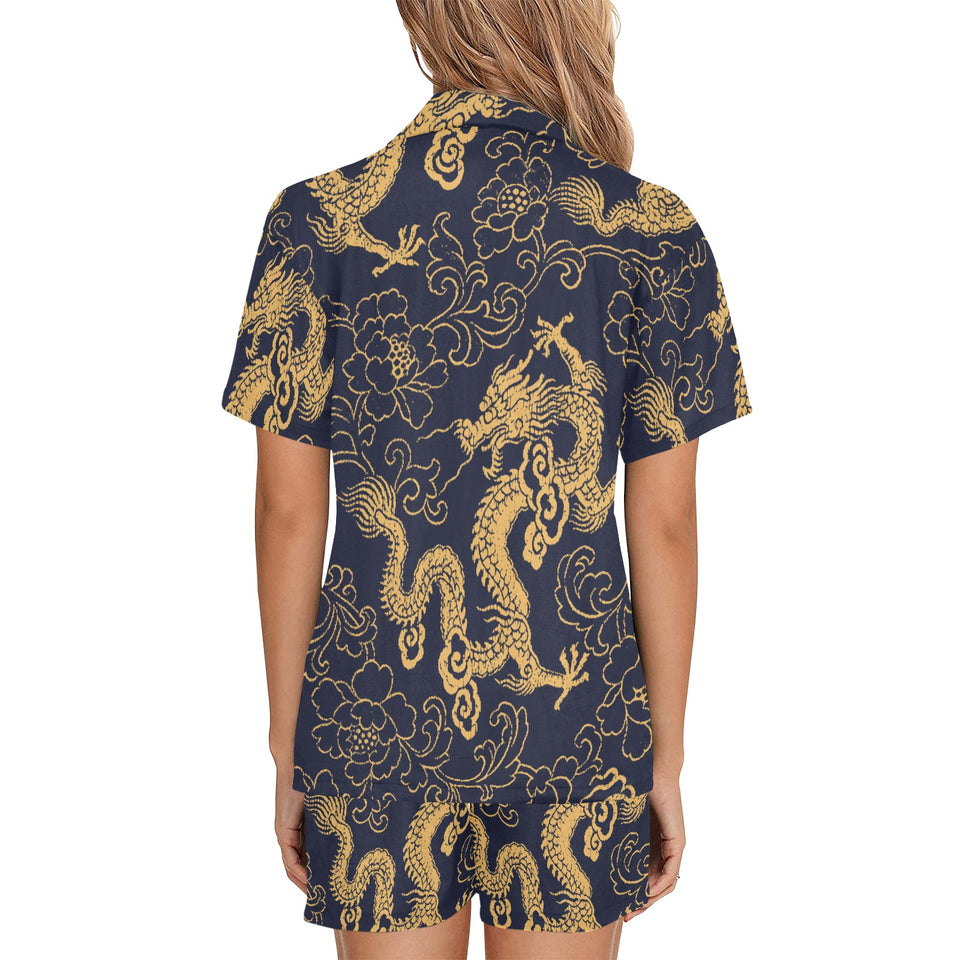 Gold dragon pattern Women's V-Neck Short Pajama Set