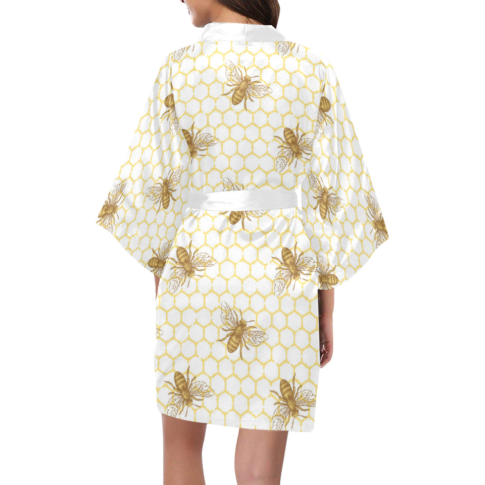 Bee honeycomb seamless design pattern Women's Short Kimono Robe