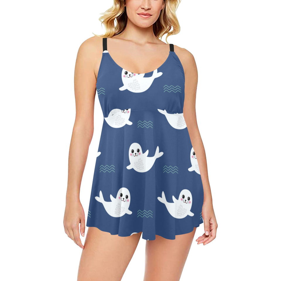Cute white baby sea lion seal pattern Chest Sexy Pleated Two Piece Swim Dress