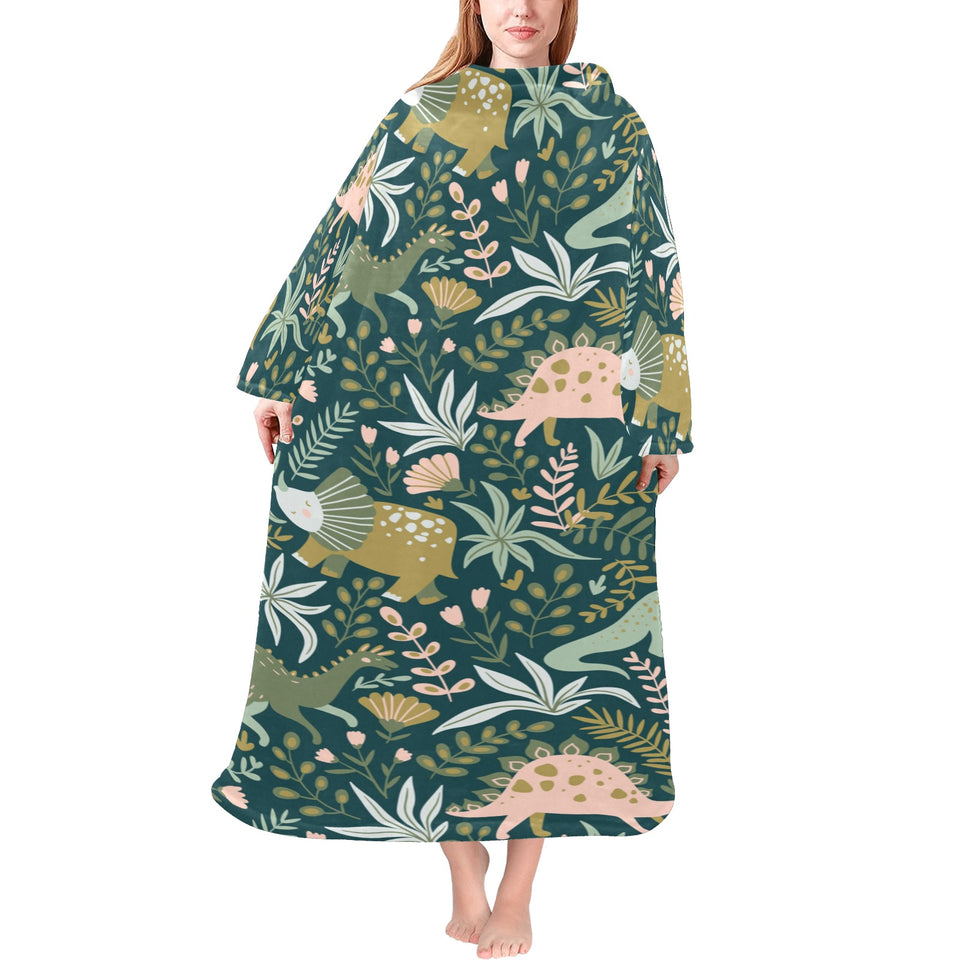 dinosaurs tropical leaves flower pattern Blanket Robe with Sleeves