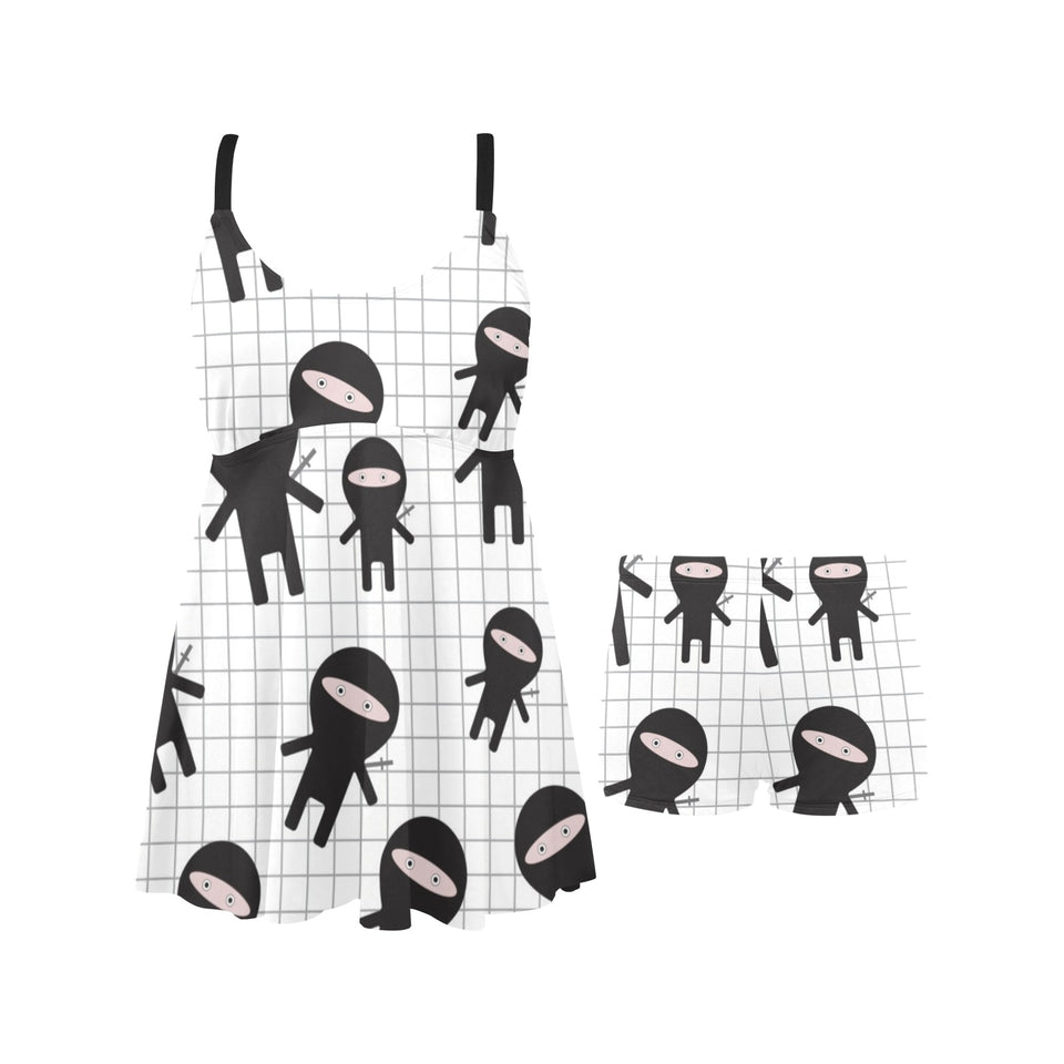 Ninja pattern plaid background Chest Sexy Pleated Two Piece Swim Dress