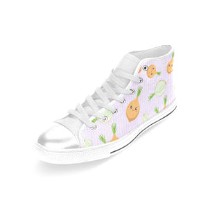 cute onions smiling faces purple background Women's High Top Canvas Shoes White