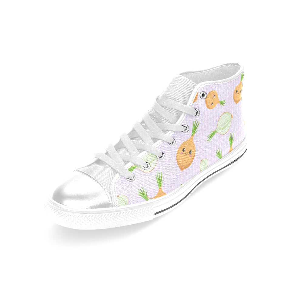 cute onions smiling faces purple background Women's High Top Canvas Shoes White